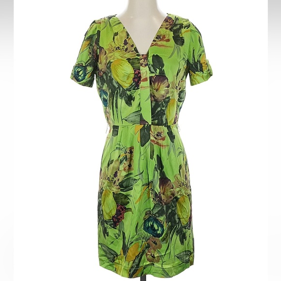 Etcetera Pastoral Green Silk Charmeuse Floral Retro 30s Midi Dress Size 4 Small - Picture 1 of 8